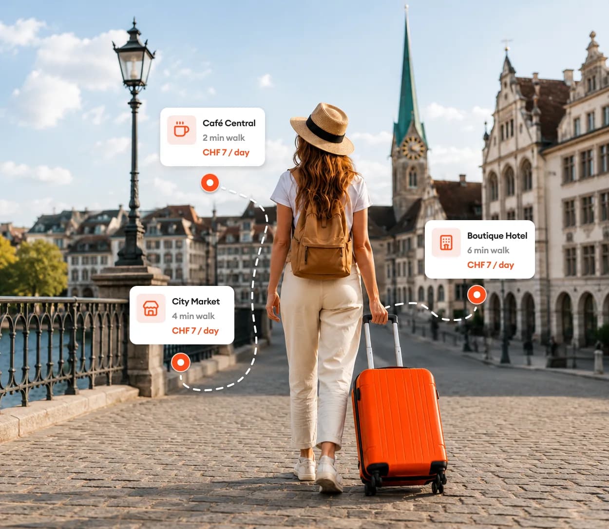 Traveler with an orange suitcase walking through Zurich, with nearby drop-off points highlighted