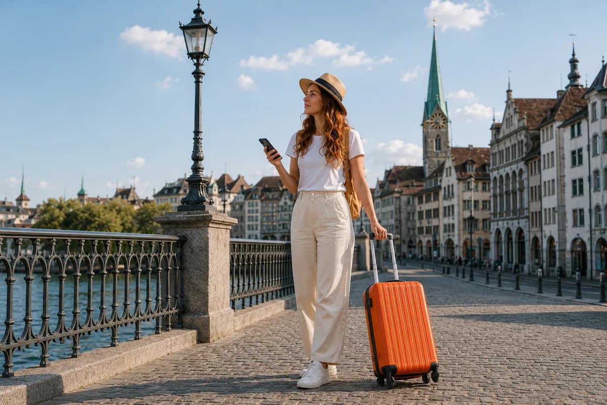 Traveler checking her phone for nearby storage points on a bridge in Zurich
