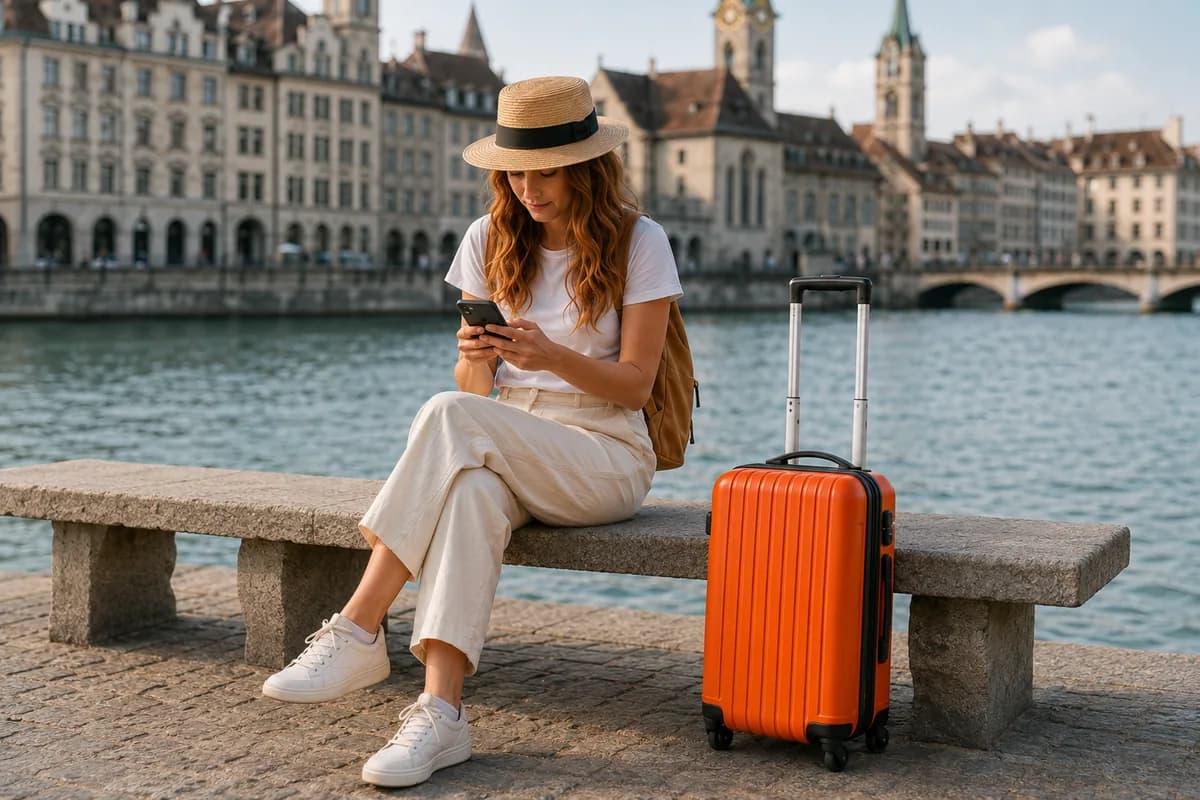 Traveler booking and paying for storage on her phone, seated by the river with her suitcase