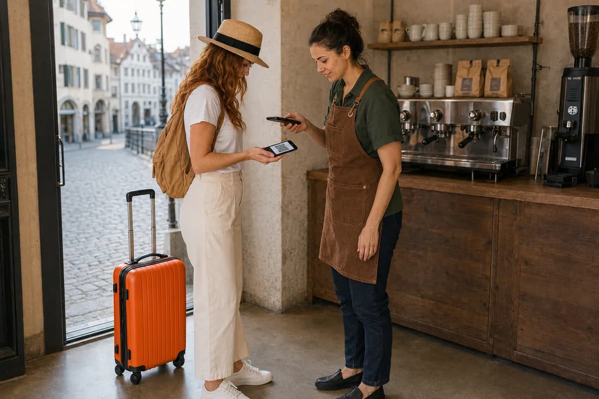 Partner scanning a traveler's QR code at a café counter to check in her luggage